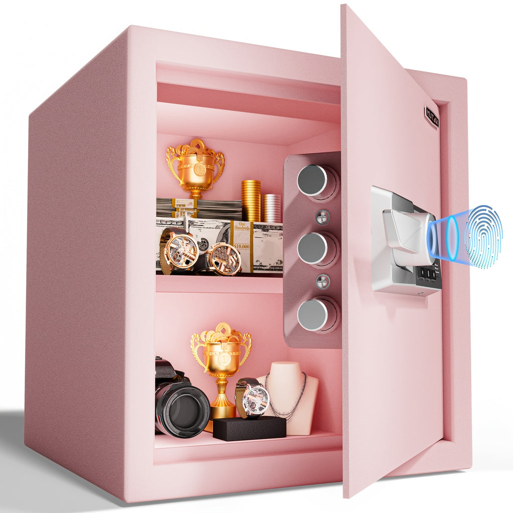 Pink Safe Box Quick Access Fingerprint Lock Box with Keys Keypad, Cabinet Safe for Cash Money Jewelry with Fireproof Bag Mute Mode Sensor Light, 1.0\u002F1.5\u002F2.0 Cubic