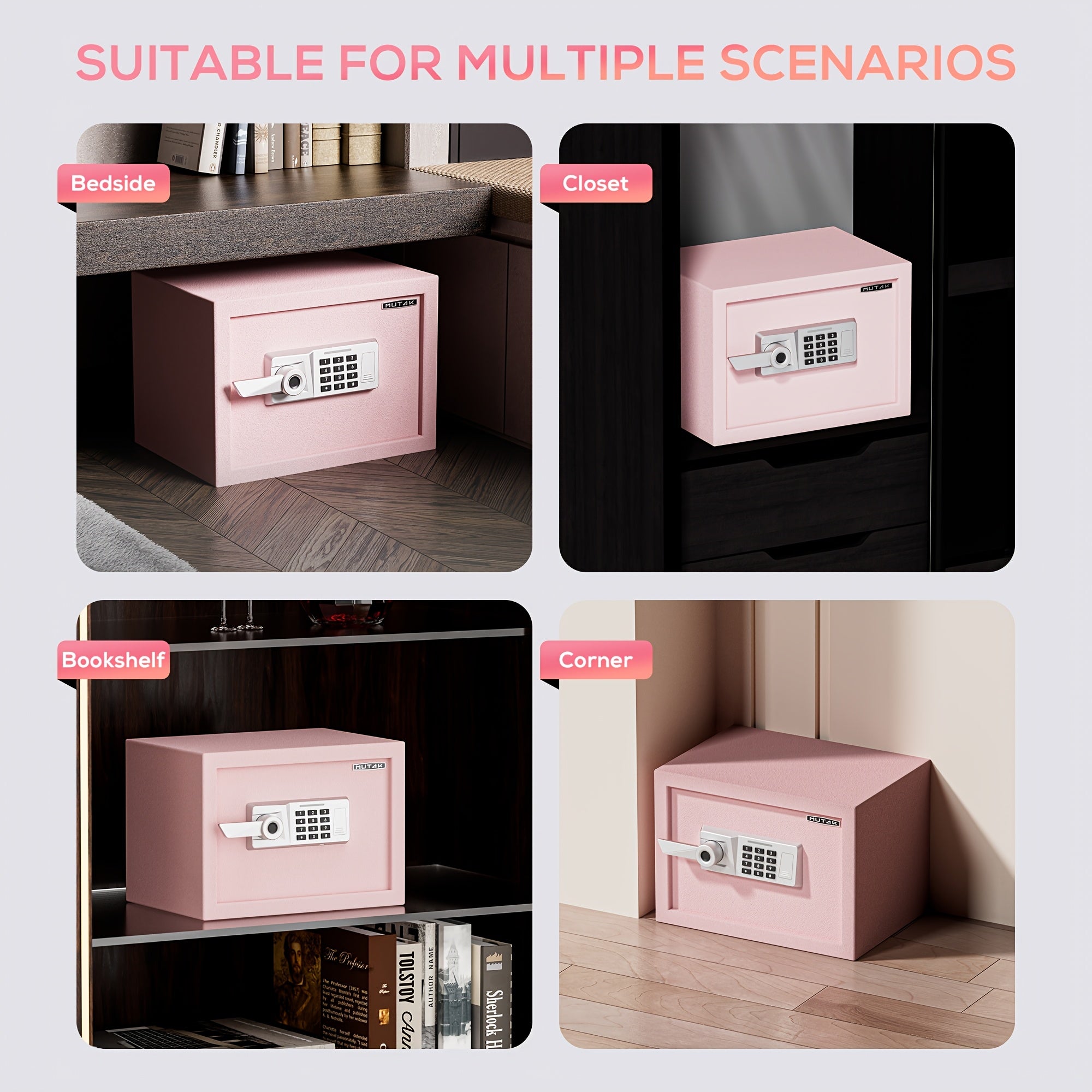 Pink Safe Box Quick Access Fingerprint Lock Box with Keys Keypad, Cabinet Safe for Cash Money Jewelry with Fireproof Bag Mute Mode Sensor Light, 1.0\u002F1.5\u002F2.0 Cubic