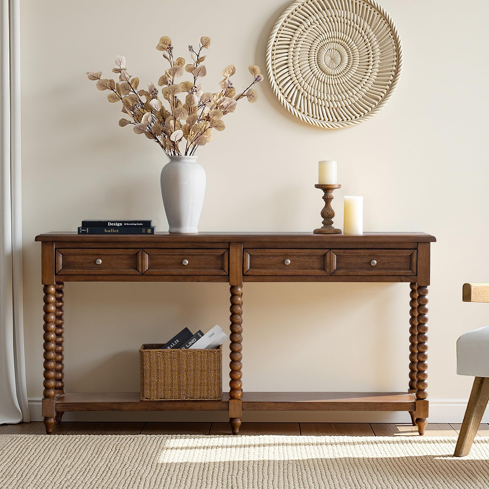 Solid Wood Modern Farmhouse Entryway Console Table with Drawers & Open Shelf - Natural Wood Finish Suitable for Living Room, Behind Sofa Table, Hallway Furniture, Behind Couch Table, Assembly with Sturdy