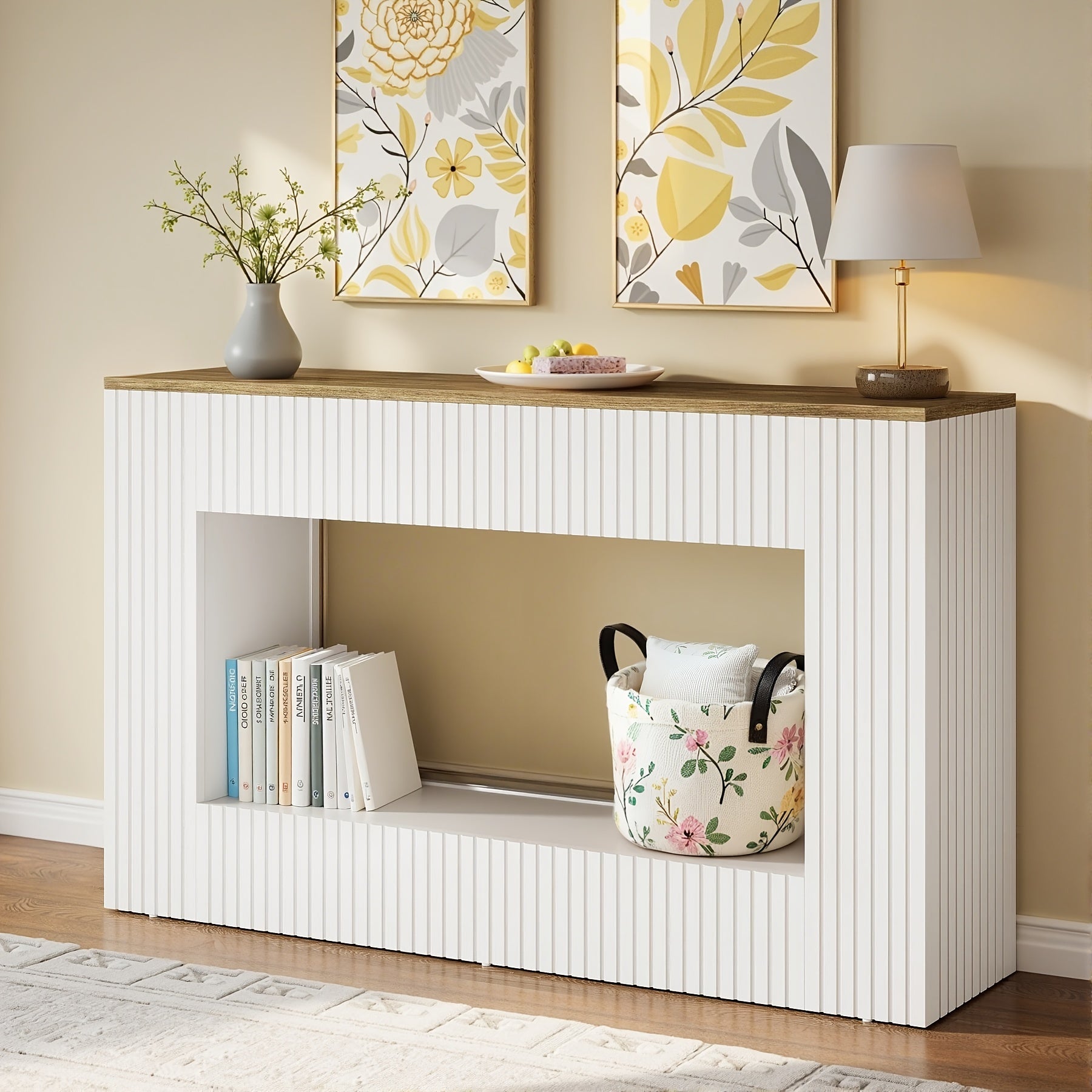 55-inch Farmhouse-style Entryway Table, Double-layer Rural-style Storage Table, Rectangular Coffee Table Behind The Sofa, Suitable for Living Rooms, Corridors, And Entrances