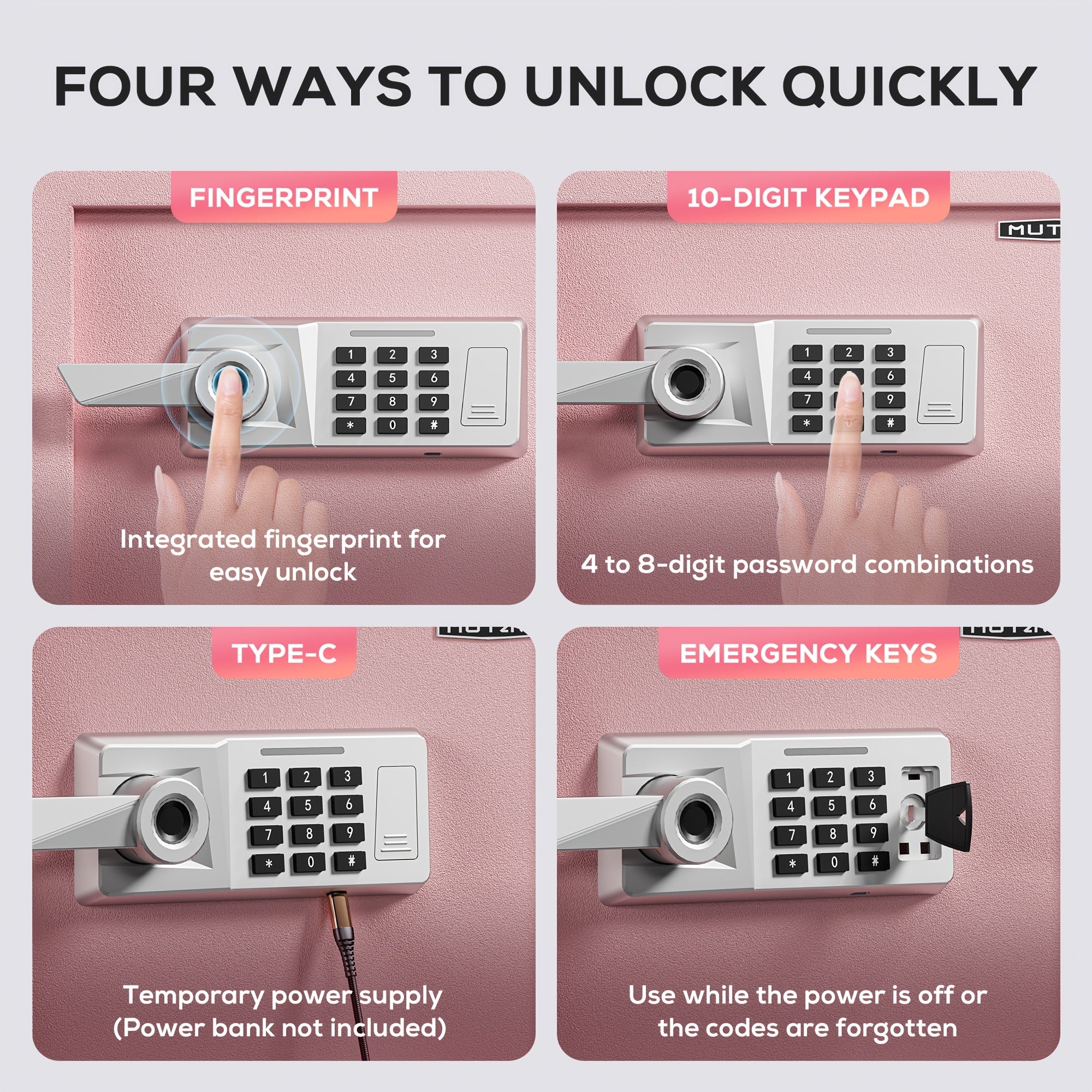 Pink Safe Box Quick Access Fingerprint Lock Box with Keys Keypad, Cabinet Safe for Cash Money Jewelry with Fireproof Bag Mute Mode Sensor Light, 1.0\u002F1.5\u002F2.0 Cubic