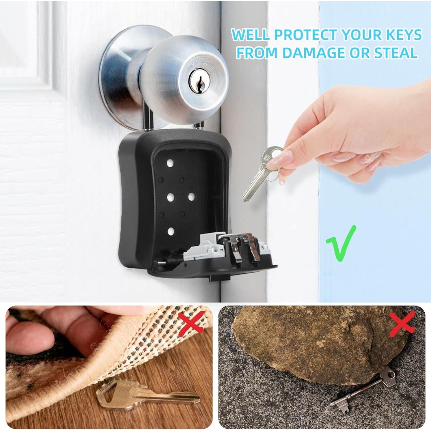 A Secure Key Storage Box Featuring a Portable 4-Digit Combination Lock, Designed for Wall Mounting. It Is Multifunctional And Built to Last, Allowing for Password Resets. Ideal for Storing Door Keys, Small Valuable Items, Real Estate Keys