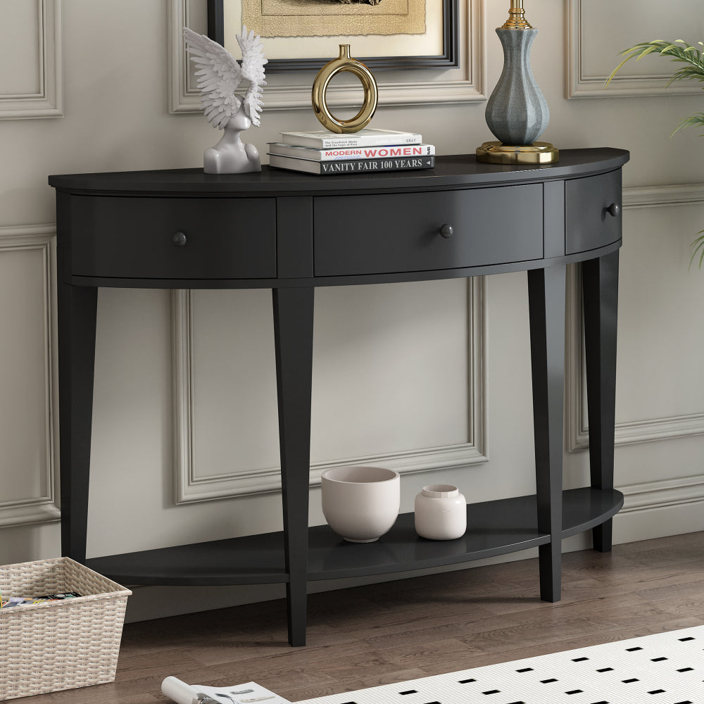 Contemporary Curved Console Table with 3 Drawers & Storage Shelf - Curved Entryway Table Suitable for Hallway, Living Room, Farmhouse Accent Furniture with Assembly, Space-Saving for Narrow Hallways and Small Spaces