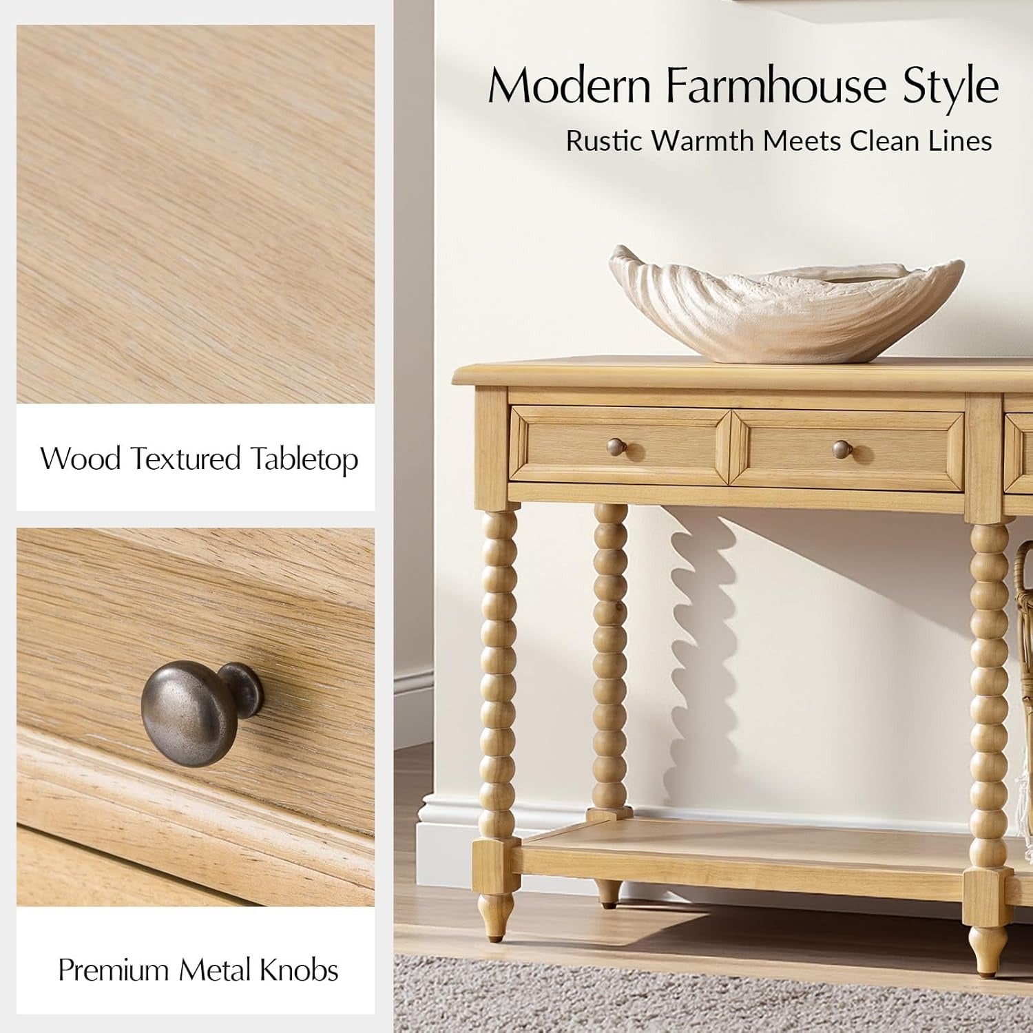 Solid Wood Modern Farmhouse Entryway Console Table with Drawers & Open Shelf - Natural Wood Finish Suitable for Living Room, Behind Sofa Table, Hallway Furniture, Behind Couch Table, Assembly with Sturdy