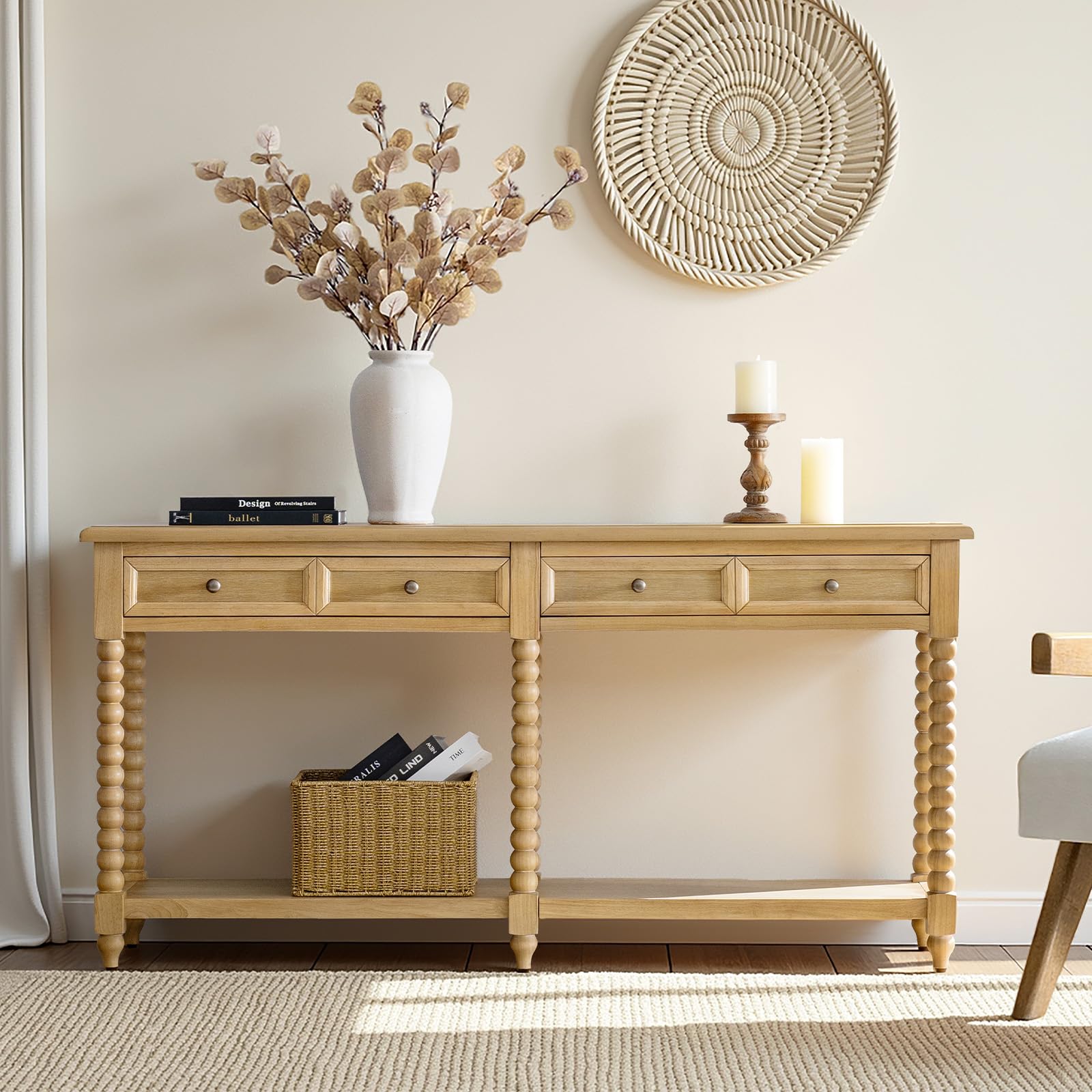 Solid Wood Modern Farmhouse Entryway Console Table with Drawers & Open Shelf - Natural Wood Finish Suitable for Living Room, Behind Sofa Table, Hallway Furniture, Behind Couch Table, Assembly with Sturdy