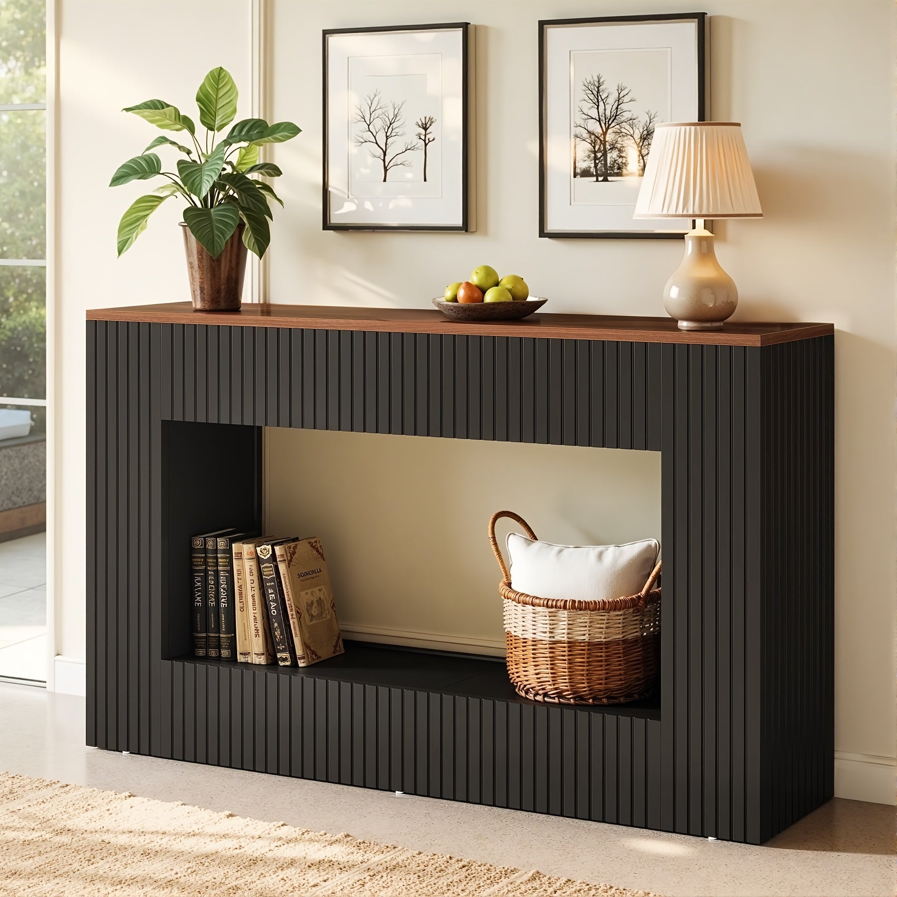 55-inch Farmhouse-style Entryway Table, Double-layer Rural-style Storage Table, Rectangular Coffee Table Behind The Sofa, Suitable for Living Rooms, Corridors, And Entrances