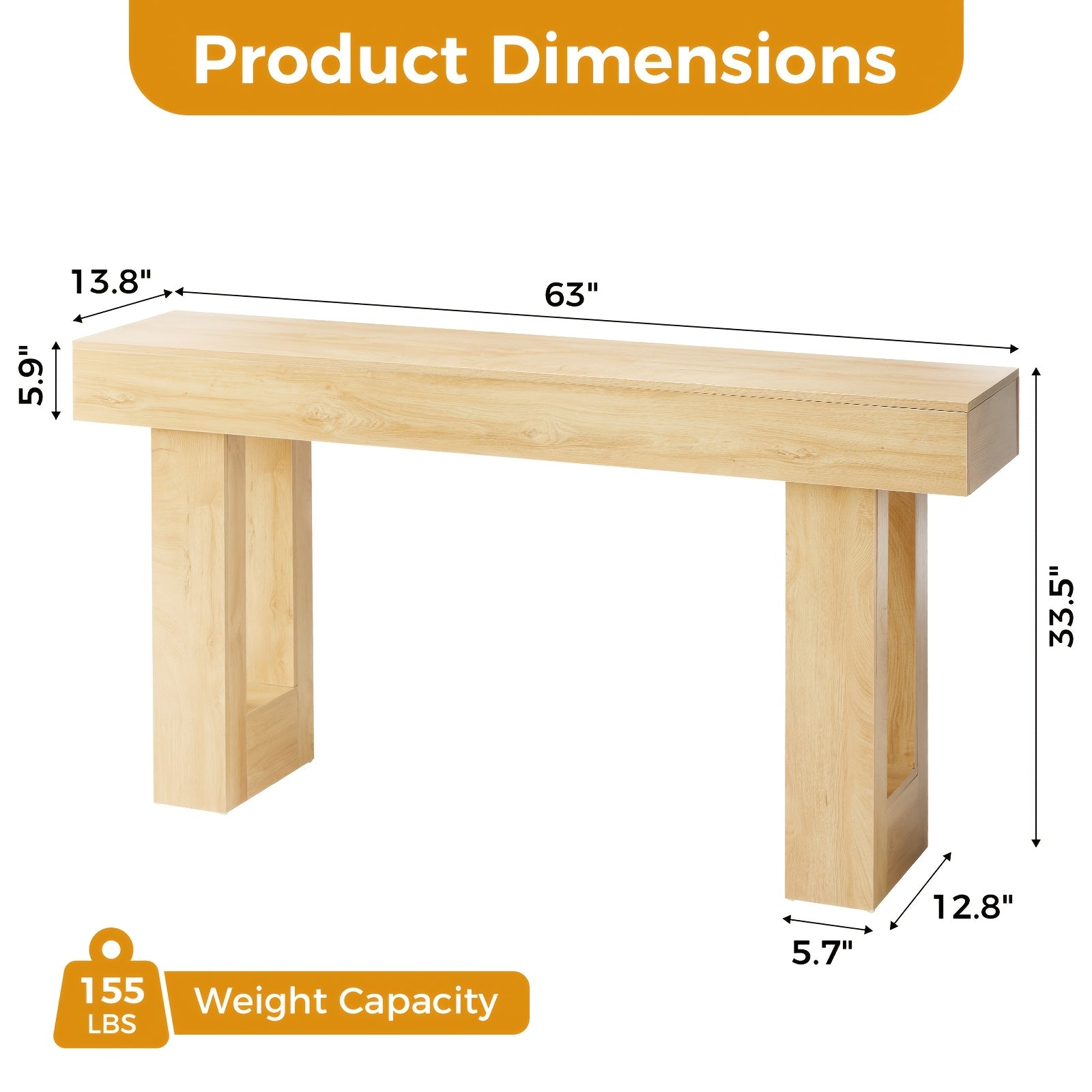 63-Inch Narrow Console Table, Sturdy Wooden Entryway Table with 5.9\