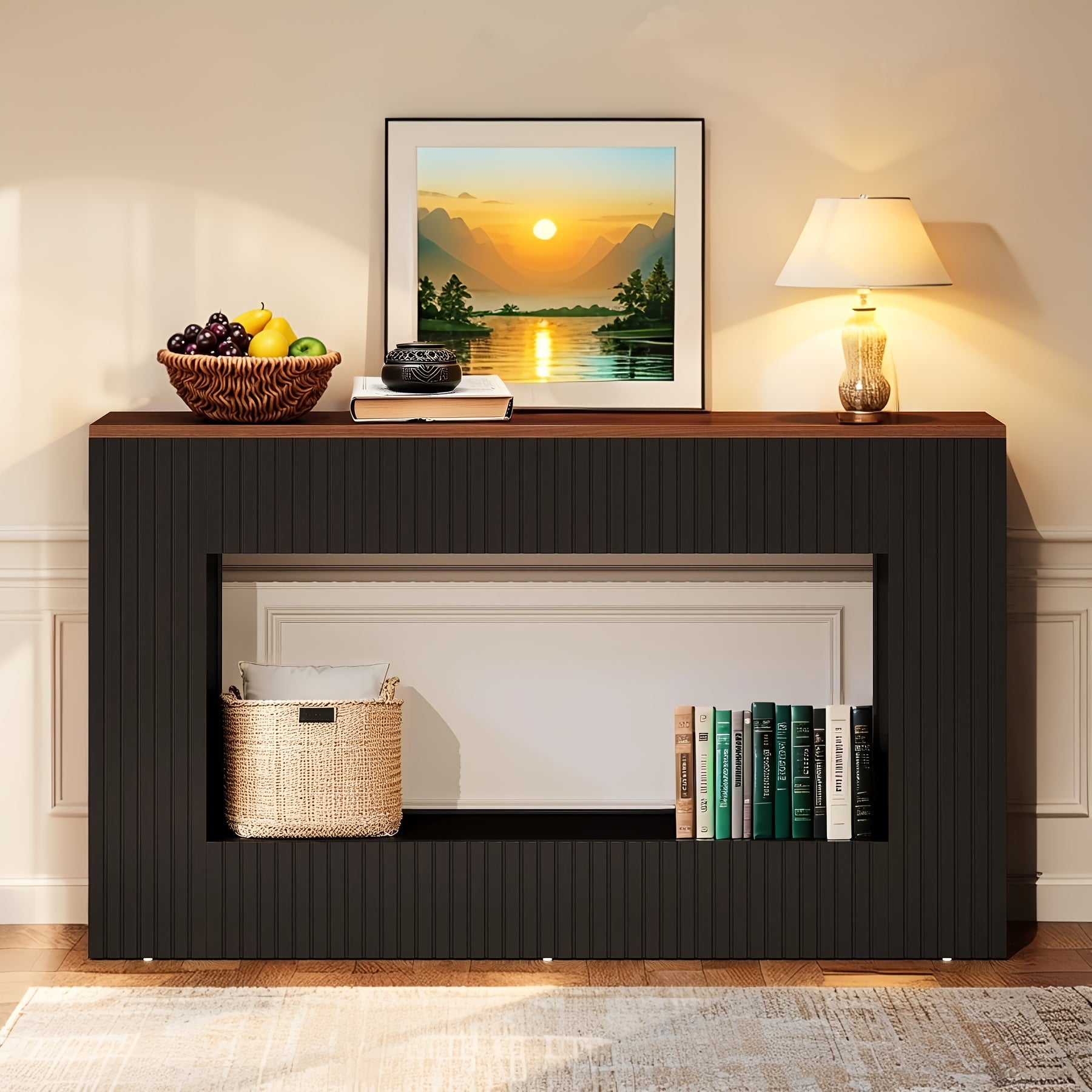 55-inch Farmhouse-style Entryway Table, Double-layer Rural-style Storage Table, Rectangular Coffee Table Behind The Sofa, Suitable for Living Rooms, Corridors, And Entrances
