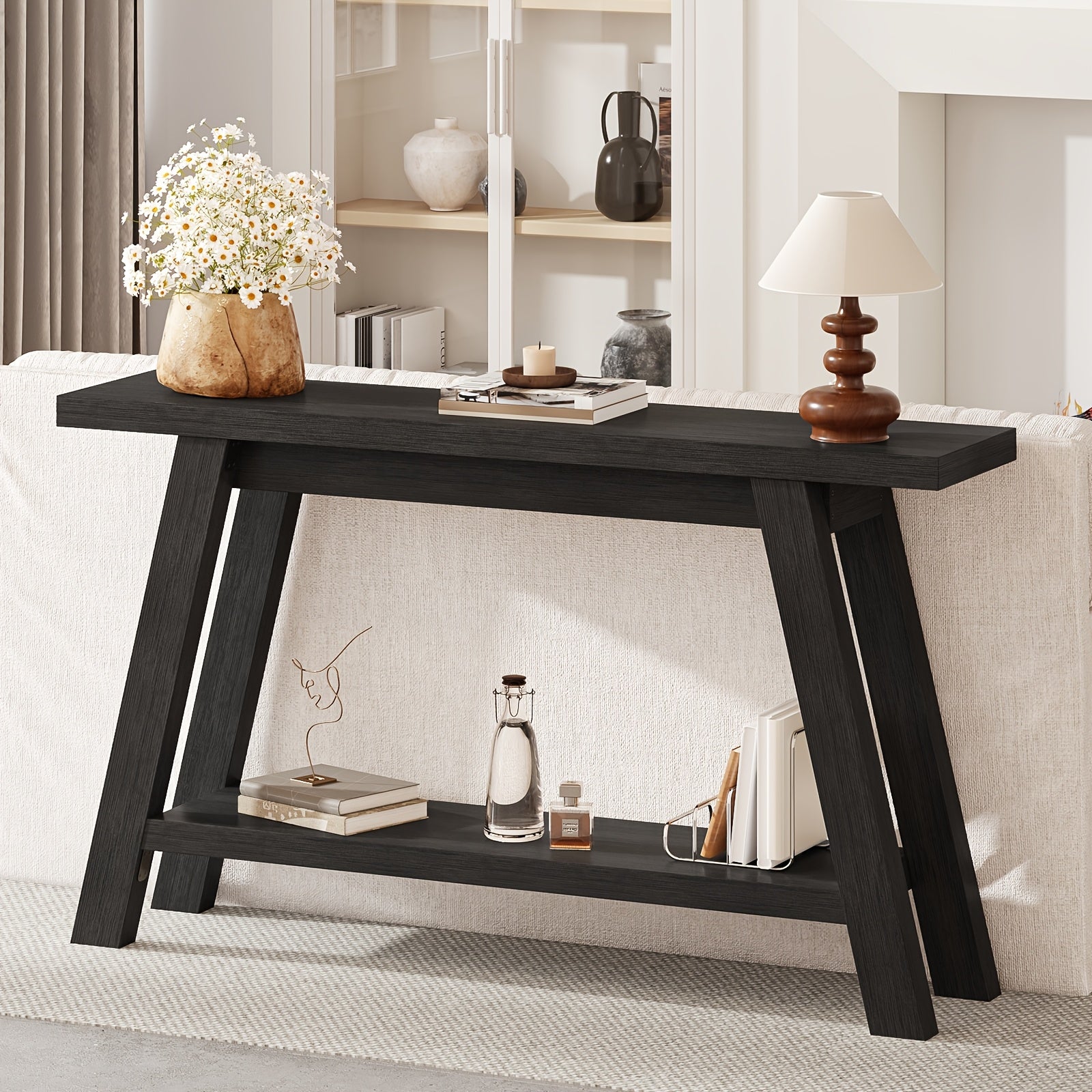 55 Inch Farmhouse Console Entrance Table Solid Wood 2 Tier Narrow Sofa Table for Living Room Dining Hallway, Perfect for Country Entrance Table in Living Room