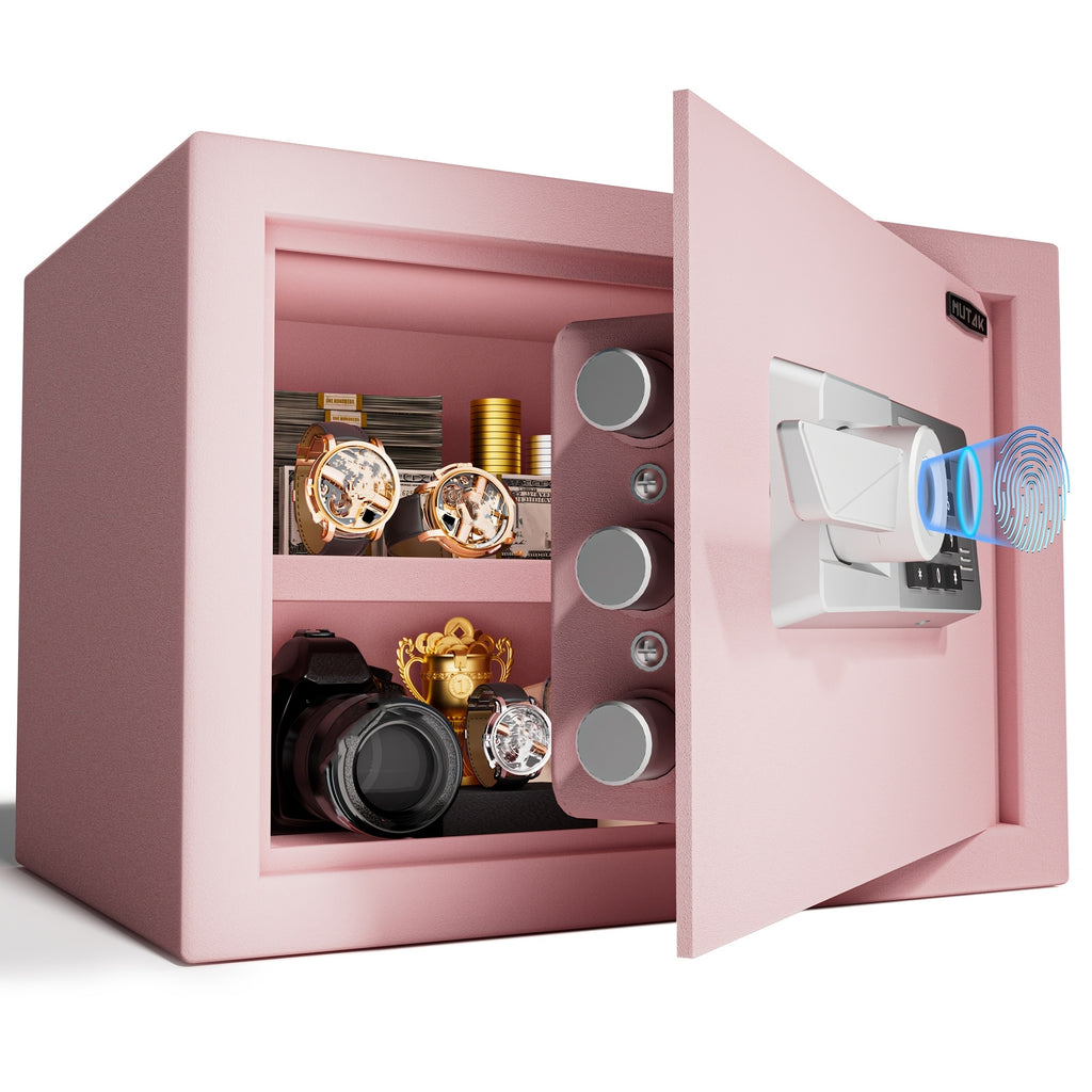 Pink Safe Box Quick Access Fingerprint Lock Box with Keys Keypad, Cabinet Safe for Cash Money Jewelry with Fireproof Bag Mute Mode Sensor Light, 1.0\u002F1.5\u002F2.0 Cubic