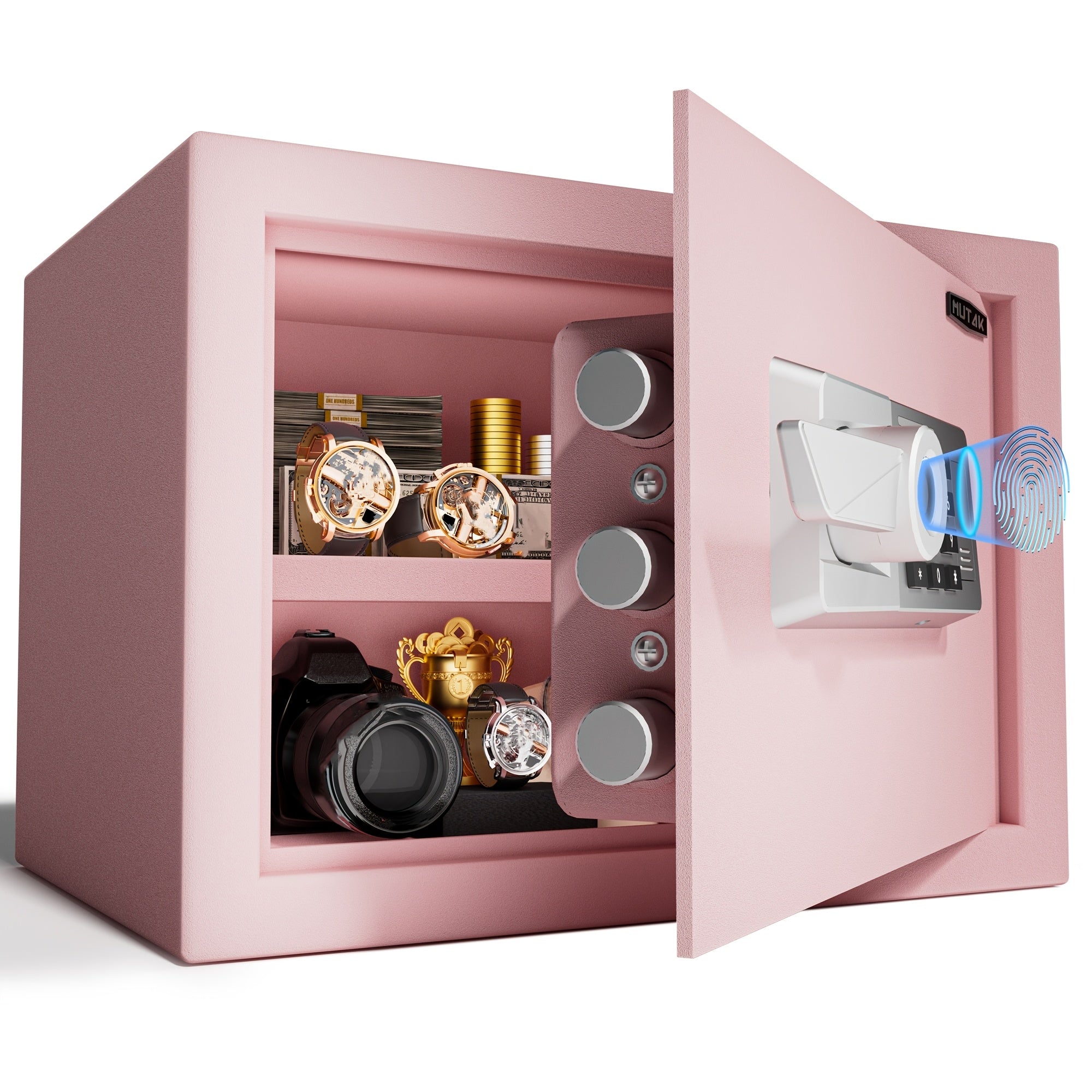 Pink Safe Box Quick Access Fingerprint Lock Box with Keys Keypad, Cabinet Safe for Cash Money Jewelry with Fireproof Bag Mute Mode Sensor Light, 1.0\u002F1.5\u002F2.0 Cubic