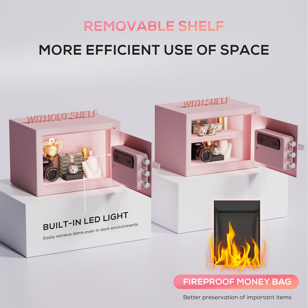 Pink Safe Box Quick Access Fingerprint Lock Box with Keys Keypad, Cabinet Safe for Cash Money Jewelry with Fireproof Bag Mute Mode Sensor Light, 1.0\u002F1.5\u002F2.0 Cubic