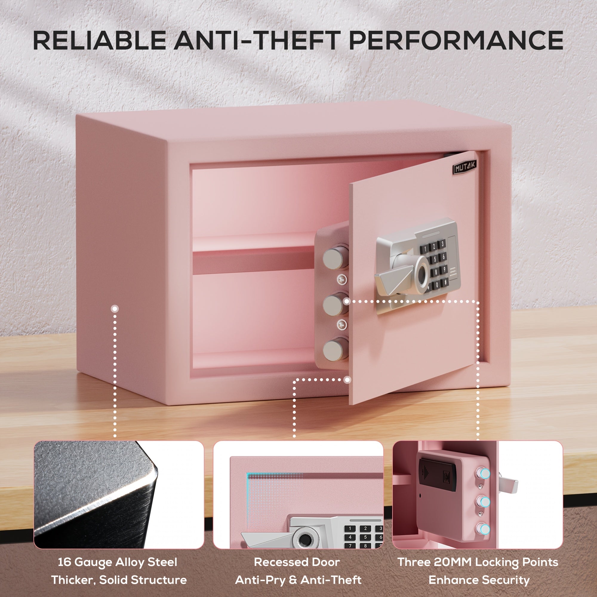 Pink Safe Box Quick Access Fingerprint Lock Box with Keys Keypad, Cabinet Safe for Cash Money Jewelry with Fireproof Bag Mute Mode Sensor Light, 1.0\u002F1.5\u002F2.0 Cubic