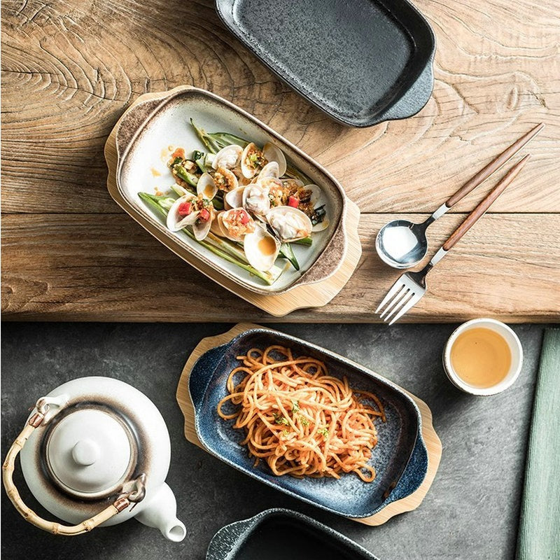 Creative Cheese Rice Plate Western Food Plate Fruit Salad Plate Dumpling Plate Household High-value Double-ear Baked Rice Plate with Tray