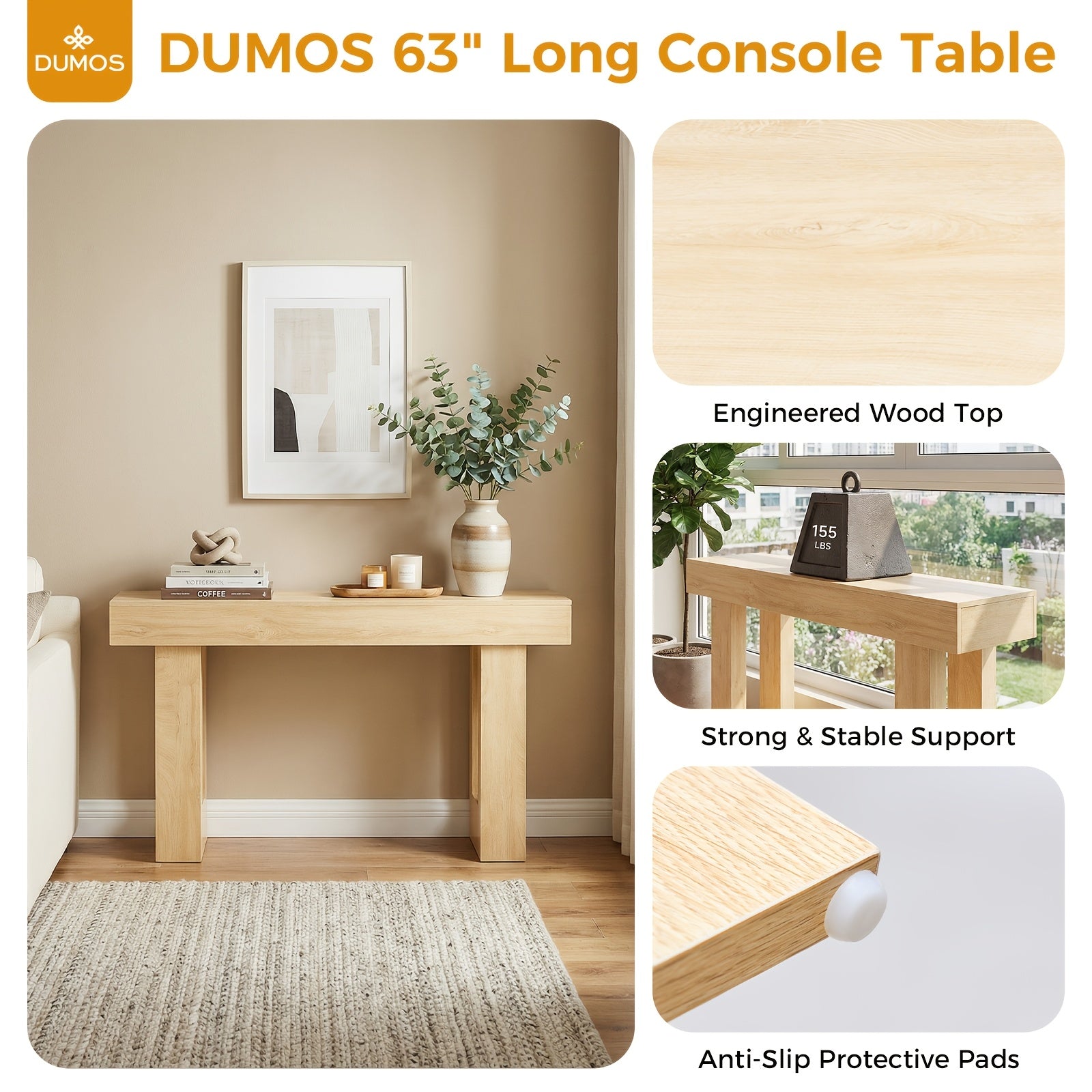 63-Inch Narrow Console Table, Sturdy Wooden Entryway Table with 5.9\