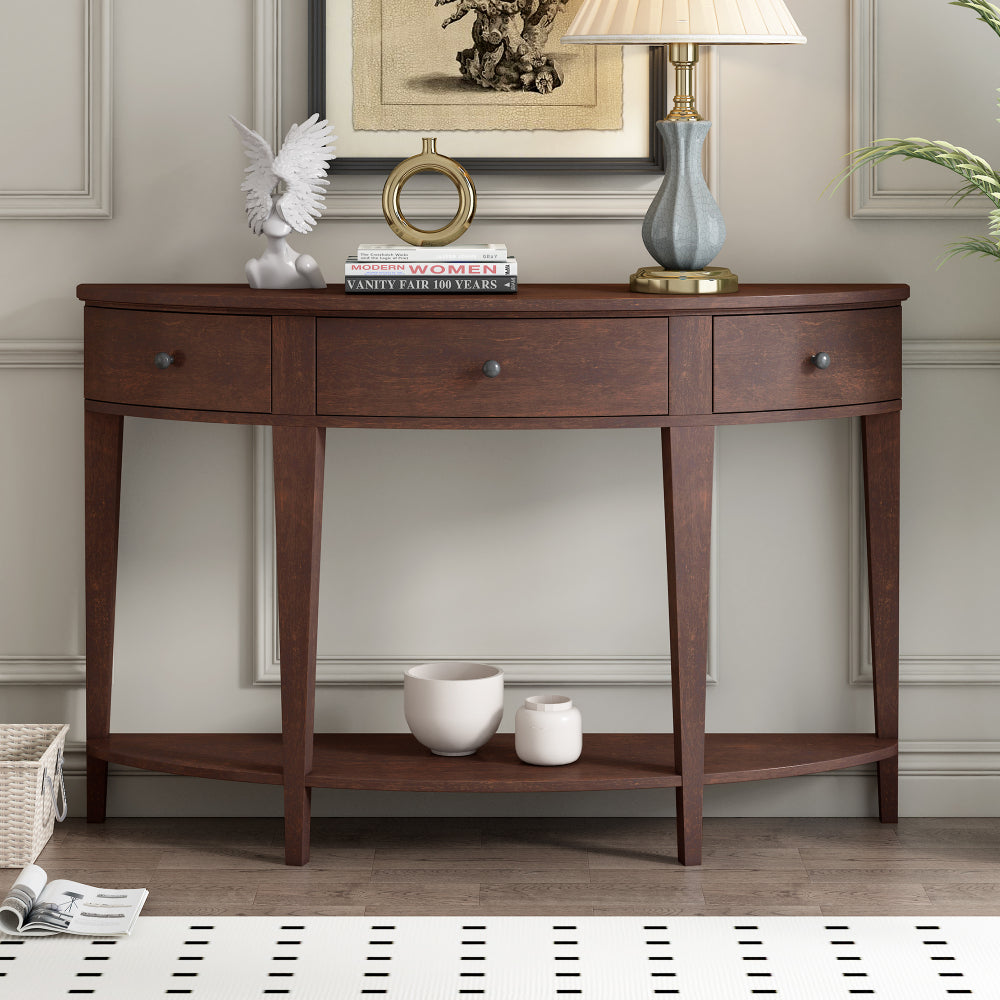 Contemporary Curved Console Table with 3 Drawers & Storage Shelf - Curved Entryway Table Suitable for Hallway, Living Room, Farmhouse Accent Furniture with Assembly, Space-Saving for Narrow Hallways and Small Spaces
