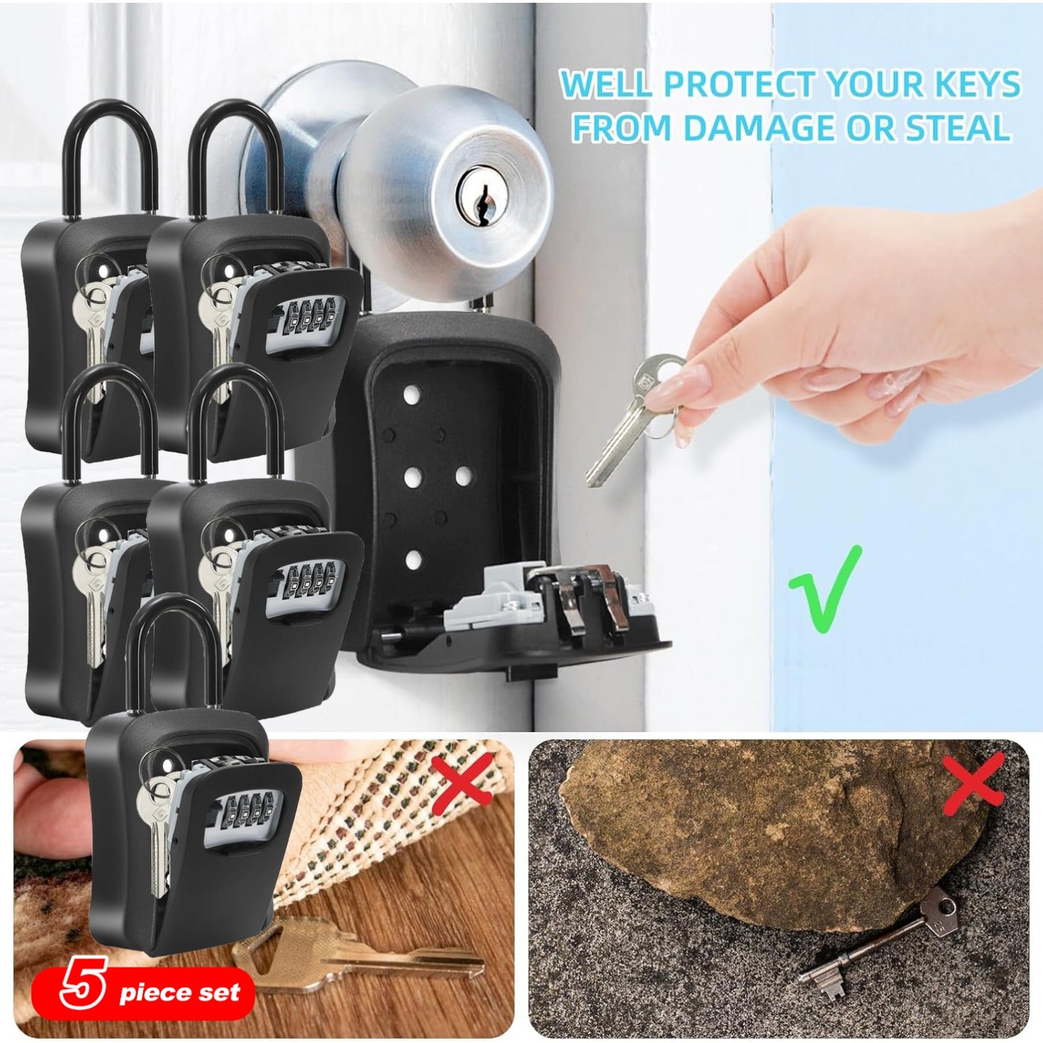 A Secure Key Storage Box Featuring a Portable 4-Digit Combination Lock, Designed for Wall Mounting. It Is Multifunctional And Built to Last, Allowing for Password Resets. Ideal for Storing Door Keys, Small Valuable Items, Real Estate Keys