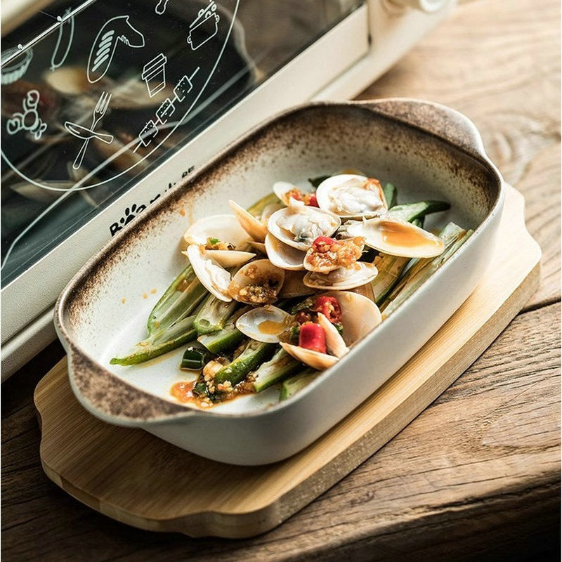 Creative Cheese Rice Plate Western Food Plate Fruit Salad Plate Dumpling Plate Household High-value Double-ear Baked Rice Plate with Tray
