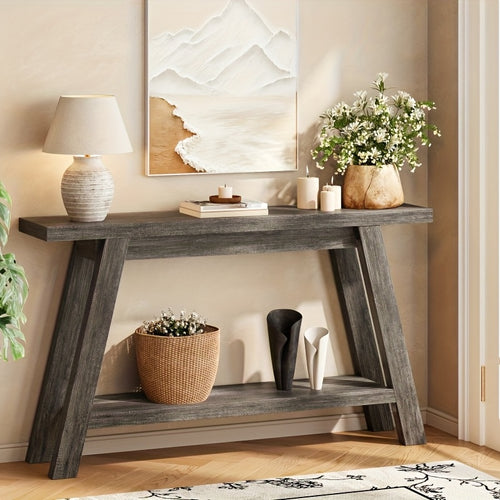 55 Inch Farmhouse Console Entrance Table Solid Wood 2 Tier Narrow Sofa Table for Living Room Dining Hallway, Perfect for Country Entrance Table in Living Room