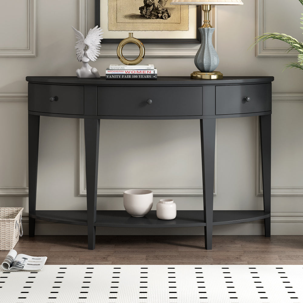 Contemporary Curved Console Table with 3 Drawers & Storage Shelf - Curved Entryway Table Suitable for Hallway, Living Room, Farmhouse Accent Furniture with Assembly, Space-Saving for Narrow Hallways and Small Spaces