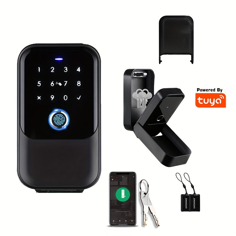 Smart Lock Box,Wireless Smart Key Lockbox with TUYA APP Control,Fingerprint Recognize & Multiple Code Types,Security Key Lock Box for Outside IPX5,Lockbox for Keys Outdoor Wall Mount & Key Lock Box for Lever Door Handle,Bluetooth Key Box for Home &