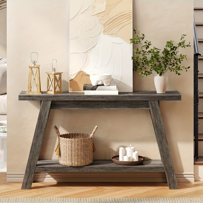 55 Inch Farmhouse Console Entrance Table Solid Wood 2 Tier Narrow Sofa Table for Living Room Dining Hallway, Perfect for Country Entrance Table in Living Room