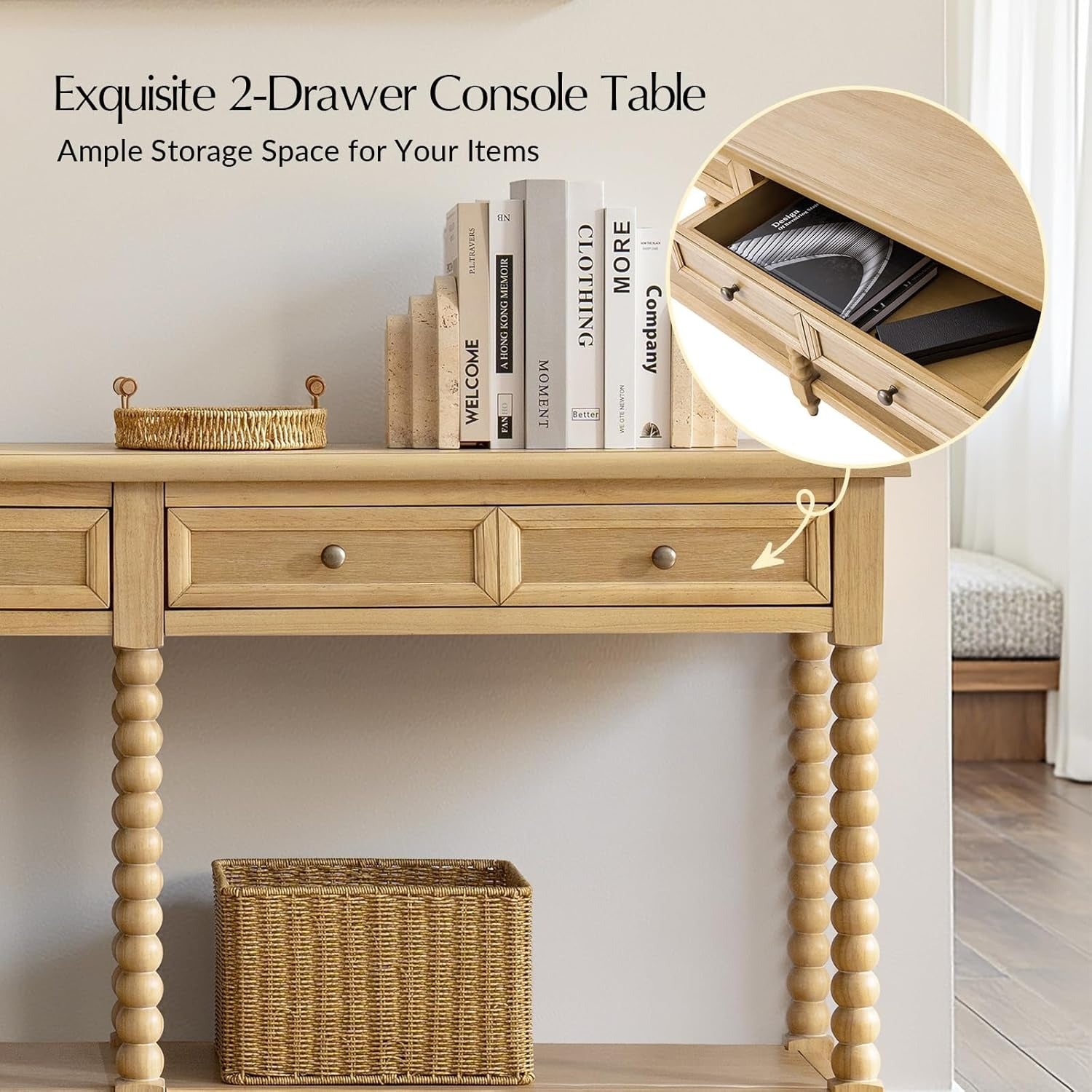 Solid Wood Modern Farmhouse Entryway Console Table with Drawers & Open Shelf - Natural Wood Finish Suitable for Living Room, Behind Sofa Table, Hallway Furniture, Behind Couch Table, Assembly with Sturdy