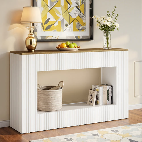 55-inch Farmhouse-style Entryway Table, Double-layer Rural-style Storage Table, Rectangular Coffee Table Behind The Sofa, Suitable for Living Rooms, Corridors, And Entrances