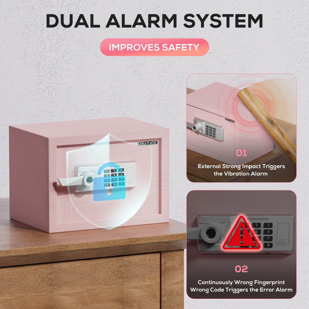 Pink Safe Box Quick Access Fingerprint Lock Box with Keys Keypad, Cabinet Safe for Cash Money Jewelry with Fireproof Bag Mute Mode Sensor Light, 1.0\u002F1.5\u002F2.0 Cubic