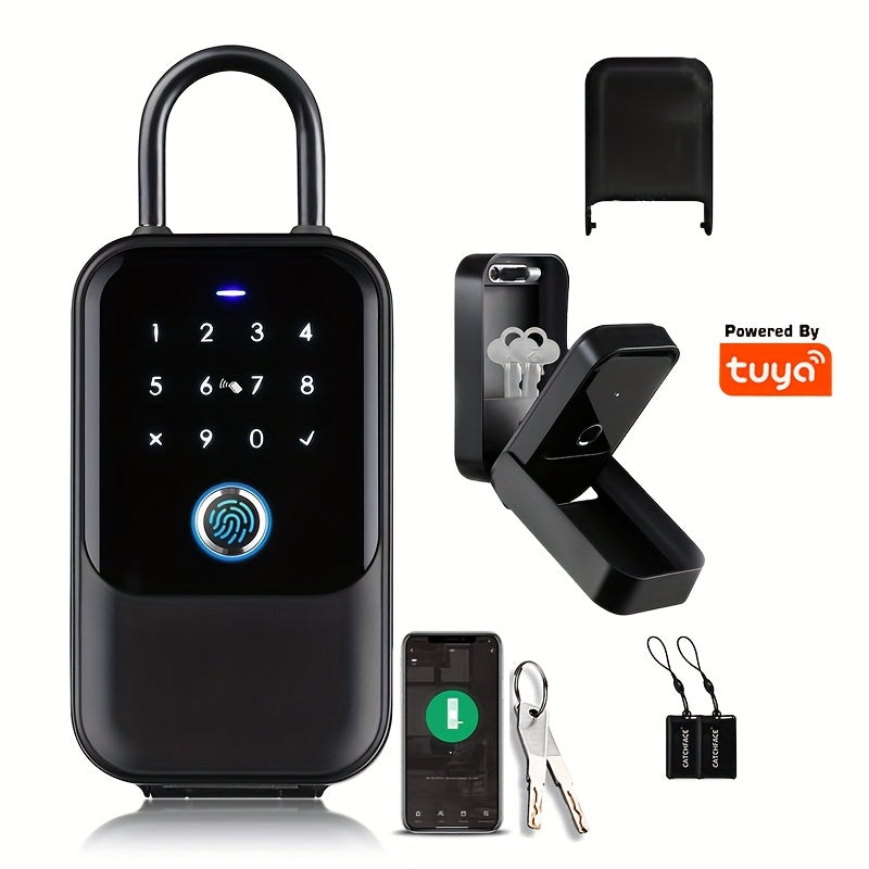 Smart Lock Box,Wireless Smart Key Lockbox with TUYA APP Control,Fingerprint Recognize & Multiple Code Types,Security Key Lock Box for Outside IPX5,Lockbox for Keys Outdoor Wall Mount & Key Lock Box for Lever Door Handle,Bluetooth Key Box for Home &
